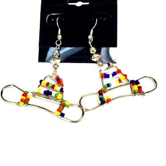 Handmade Colorful Beaded Silver tone Wire Drop Earrings Boho Festival Jewelry #1 - Picture 1 of 11